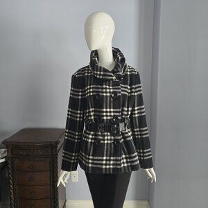 Giacca Black and White Belted Jacket - Funnel Collar Peacoat